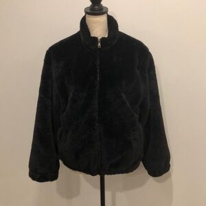 Cynthia Rowley black faux fur  bomber jacket L super soft and mint condition